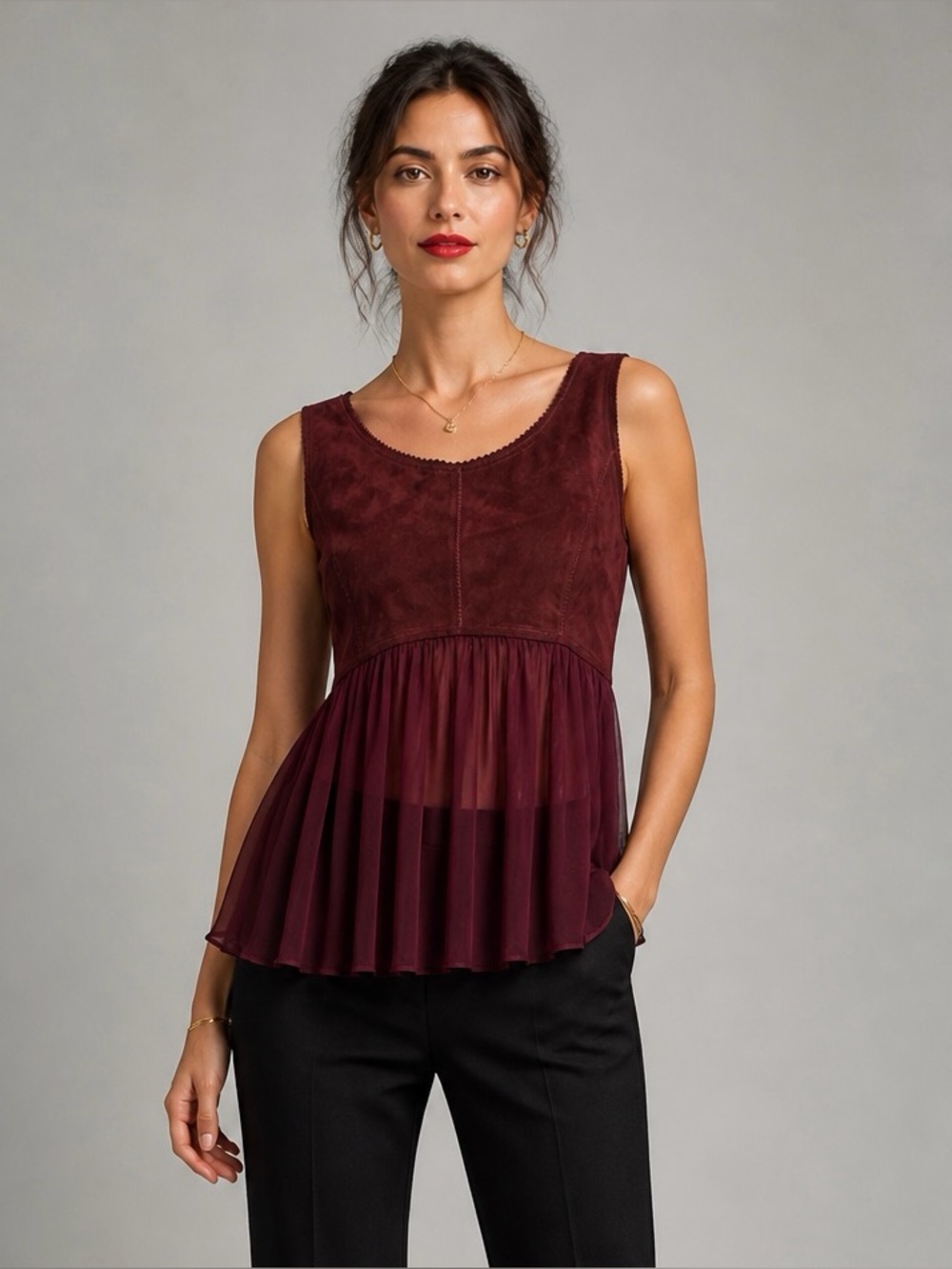 Illia Burgundy Babydoll Top XS Suede Look Sheer Peplum Whimsigoth tank